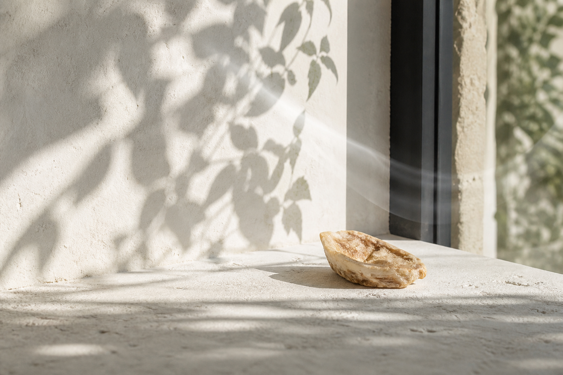 Sunlight and drifting incense smoke across pale stone.