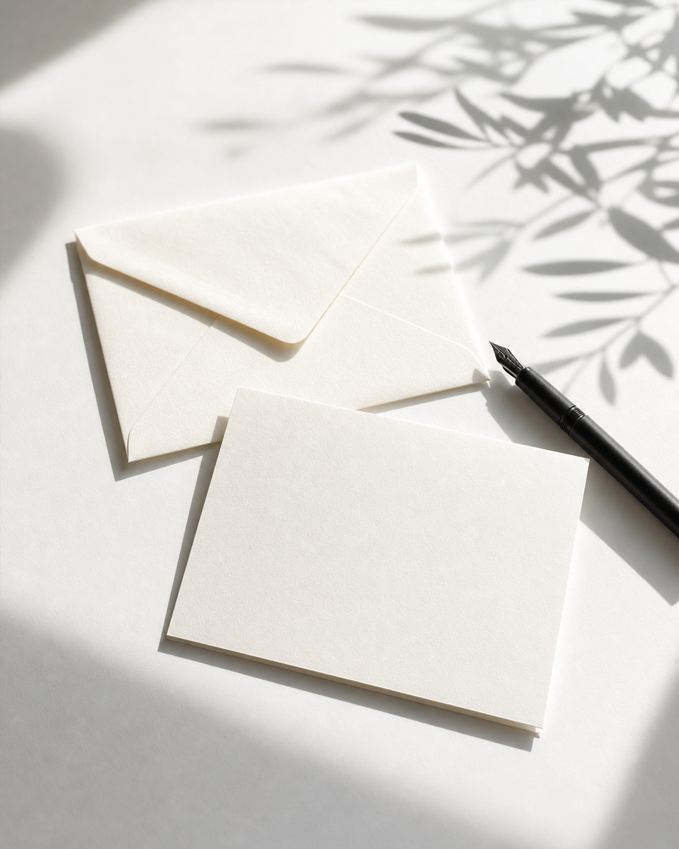 Letter paper, an envelope, and a fountain pen in soft light.